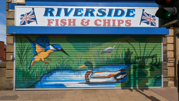Shop shutters painted with a riverside mural featuring a duck and kingfisher