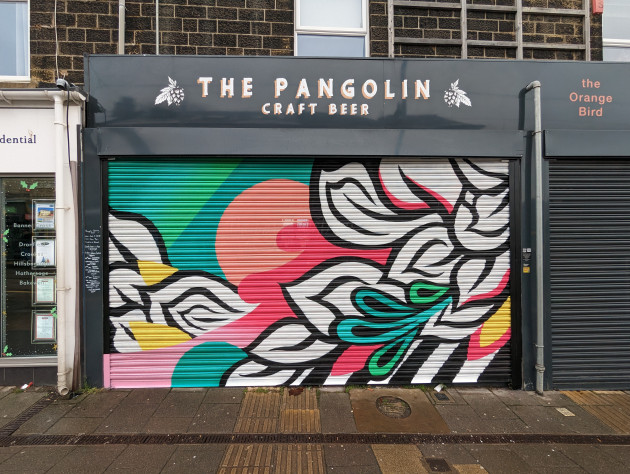 Shutters sprayed with an artwork of colourful geometric shapes and black and white leaves