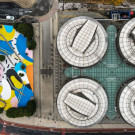 Birds-eye view of the Pinball Park mural and the top of the Hubs building