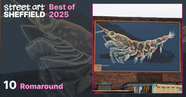 A large-scale mural on a red brick building featuring a highly detailed giant Antarctic Krill with the shadow of a whale in the background, the krill is formed out of thousands of small dots