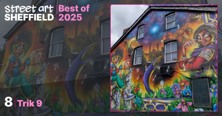 Large wall mural featuring two women under a cosmic sky, one a black woman with a large afro dressed in urban fashion, the other an asian woman wearing a headscalf and holding chopsticks. They are surrounded by flowers and a modern city skyline.