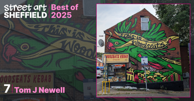 Large wall mural of a green parakeet holding a ribbon in its beak with This is Woodseats written on it