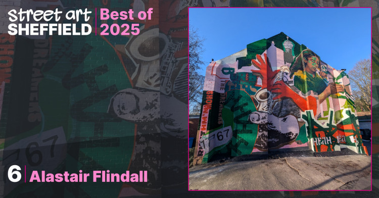 Colourful mural featuring a saxophone player, a woman playing an unspecified woodwind instrument and abstract shapes in bold reds, greens, pinks and blacks