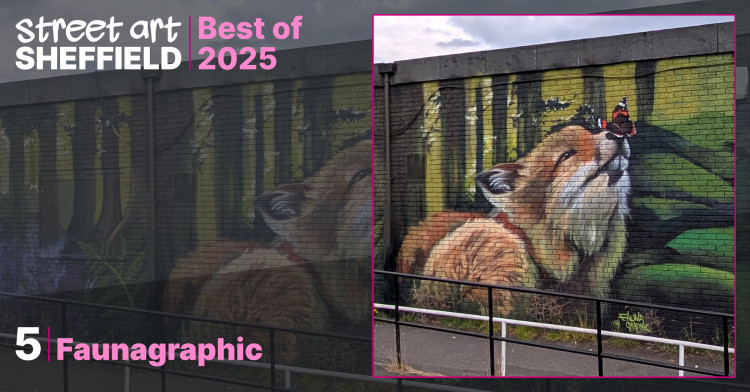 Mural of a red fox laid down in a forest with its head raised and a red admiral butterfly perched on the fox's nose