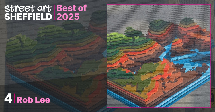 Large mural featuring a hilly landscape made up of layers split across two walls at a slight angle utilising a Trompe L’oeil effect to make it look like a flat surface