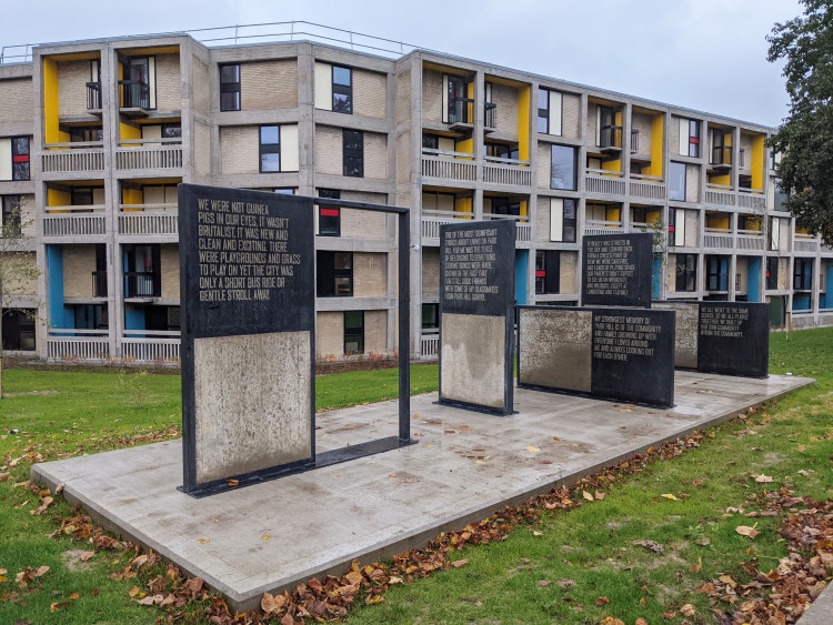 Concrete plinths with quotes from former Park Hill residents