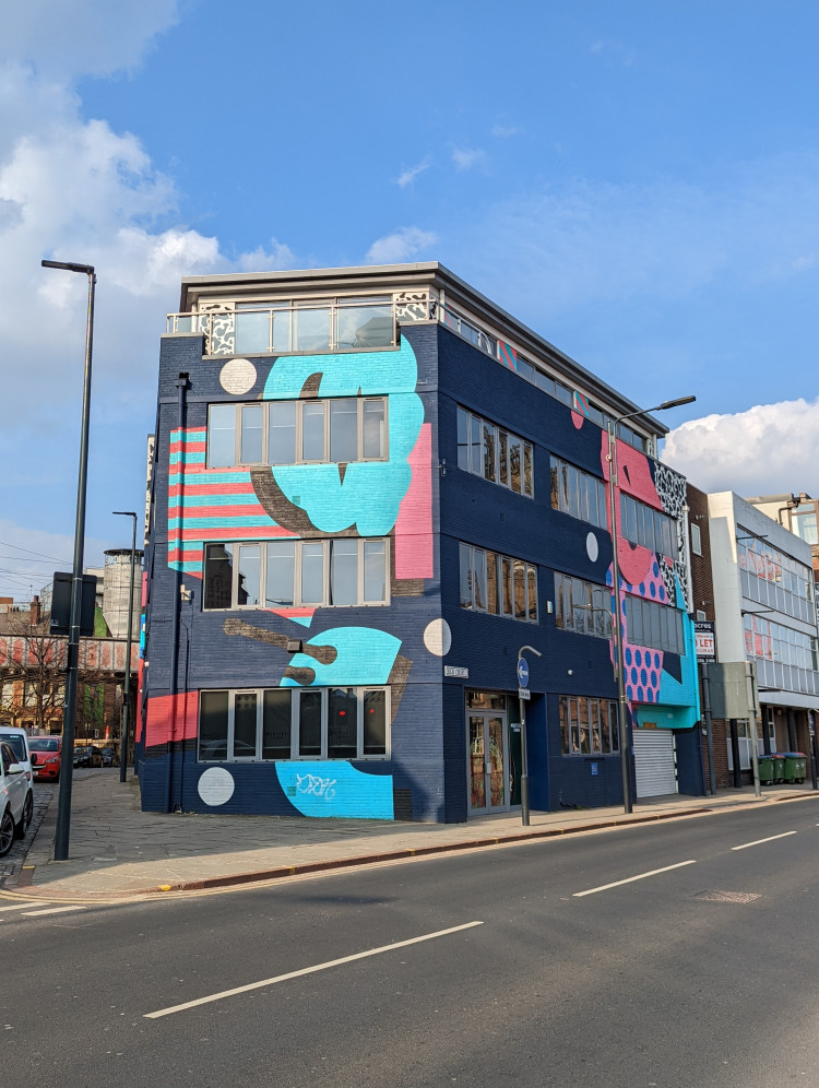 Meatless Farm headquarters in Leeds painted in a bright abstract pattern