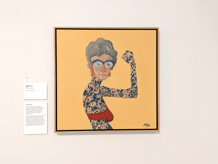 Painting of a heavily tattooed elderly white woman
