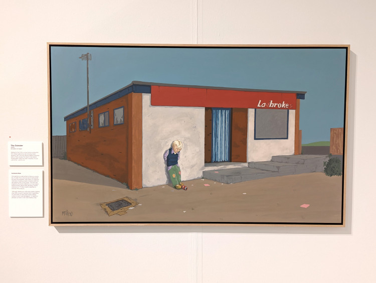 Painting of a child stood waiting outside a rundown betting shop