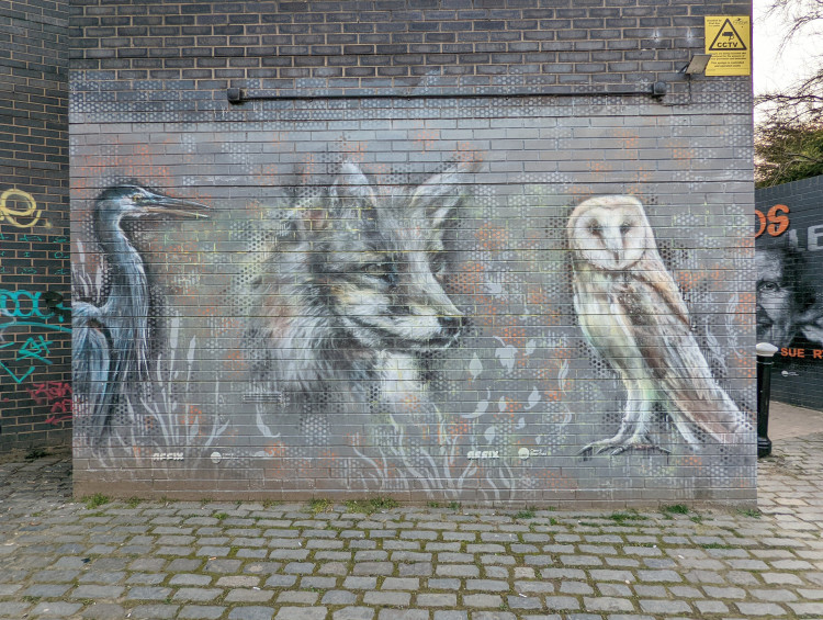Wall mural depicting a heron, a fox and a barn owl
