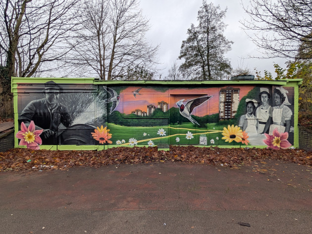 Mural featuring a steel worker, the Ponderosa park with swifts flying over and three female nurses of different ethnicities