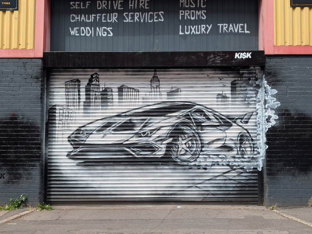 Shutters painted with a monochrome sports car illustration