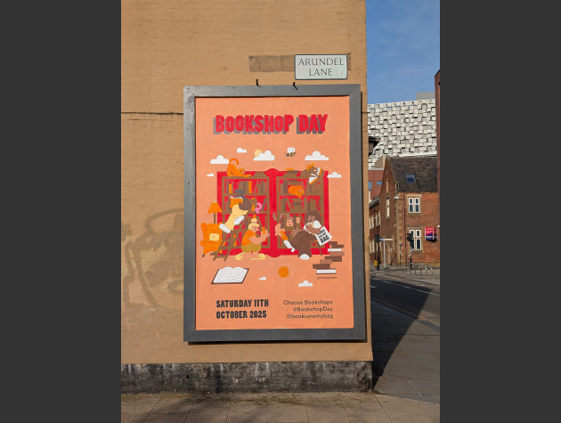 Mural for Bookshop Day featuring various characters reading books with a large bookshelf in the background