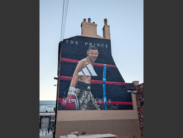 Mural of Prince Naseem stood in the ring with the wording 'The Prince Never Left' and the Adidas logo