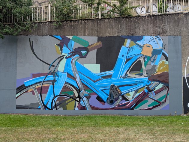 Mural of a bike seen closeup to its frame