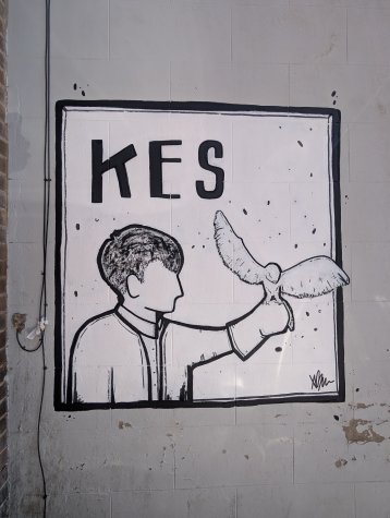 Black and white illustration mural of Kes