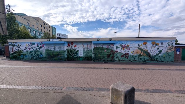 Long mural of plant life on a block of toilets