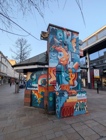 Abstract mural on the side of The Moor kiosk