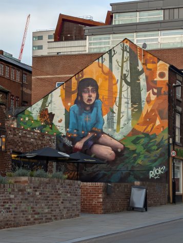 Large wall mural featuring a young woman knelt on the ground of a woodland