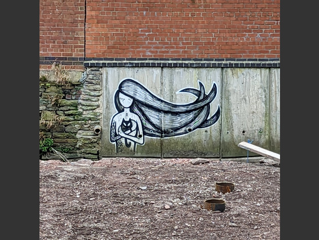 Black and white graffiti woman holding a cat along the river bank