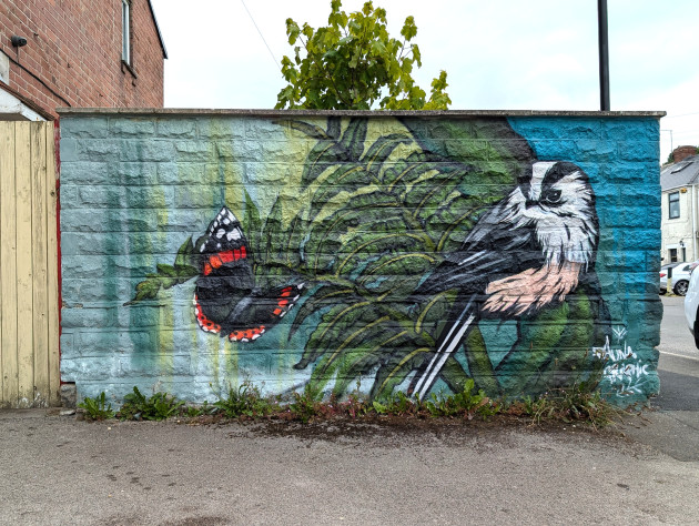 Mural of a Red admiral butterfly and a long-tailed tit