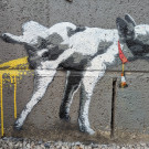 Close-up of a small mural of a French bulldog with leg cocked, taking a piss, around its neck hangs a small traffic cone